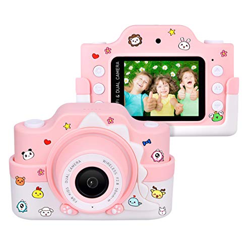 Funkprofi Kinderkamera WiFi 2 Objektive 24 MP HD 2.0" IPS-Bildschirm mit Aufklebern und Cartoon Schutzhülle Digitalkamera für Kinder als Geschenk ( Rosa)
