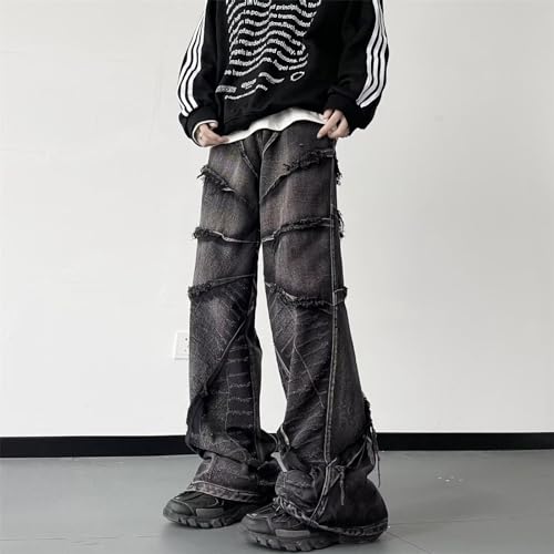 Men's Y2K Baggy Jeans Relaxed Straight Drag Pants Gothic Retro Ragged Edge Trousers(X-Large,Black)4