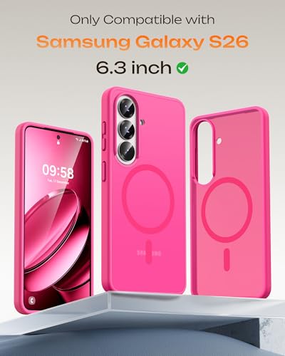 Image of TOCOL for Samsung Galaxy S26 Case, Compatible with Magsafe, Full Camera Protection, Built-in Magnetic Ring, Drop Protection, Translucent Matte Phone Case for S26 6.3 inch (Hot Pink)