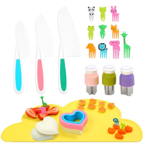 Image of KRY Kids Safe Knife Set for Real Cooking with Cutting Board Sandwich Cutter Fruit Cookie Cutters, 18 Pcs Montessori Kitchen Tools for Toddlers
