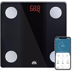 Bascula Bluetooth SENSSUN Bascula de Baño Digital Grasa Corporal,Inteligente Báscula Grasa Corporal Bluetooth,Monitores de Composición Corporal, 150kg/330lb 26 * 26cm, Pantalla LED(negra)