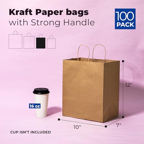 FMP Brands 100 Pack 10x7x12 Inches Kraft Paper Gift Bags with Handles Bulk, Durable Brown Paper Bags for Party Favors, Craft Gift Bag for Birthday Packaging, Small Business and Shopping Lunch