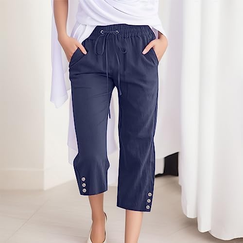 CrystErzoix Lichte damesbroek voor de zomer, katoen, 7/8 broek, brede pijpen, casual, cropped harembroek, elastisch, voor strand, vakantie, Groen, M