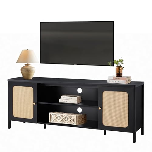 KISLOT Rattan TV Stand for TVs up to 75'' Boho Entertainment Center with Adjustable Shelf Television Stand with 2 Storage Cabinets Media Console Wooden TV Cabinet for Living Room Bedroom,Black