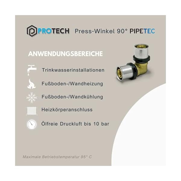 PROTECH 1 Stück Press-Winkel 90° 16 x 2 TH Pressfitting Alu Verbundrohr Messing DVGW Fitting TH Profil Kontur Bogen… – Bild 6