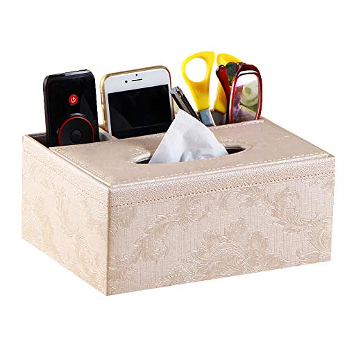 Multi-Functional Tissue Box Cover Rectangle, Leather Decorative Napkin Dispenser Organizer Caddy with 3 TV Remote Control Holder Compartments for Bathroom, Modern Office Desk Decor and Accessories