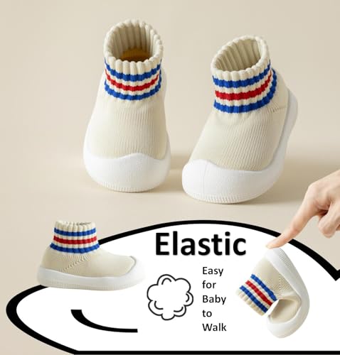 Image of Baby Sock Shoes Toddler Walking Slippers with Soft Rubber Sole | Non-Slip Breathable Stripes Shoes for Infant Boys Girls Slip On Sneakers