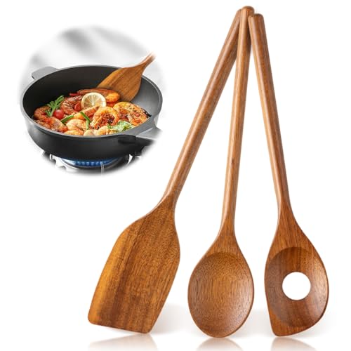 3 Stück Kochlöffel Holz, Küchenutensilien Langlebig Antibakteriell, Kochlöffel Set für Antihaft und Tontöpfe, Naturholz Holzlöffel für...
