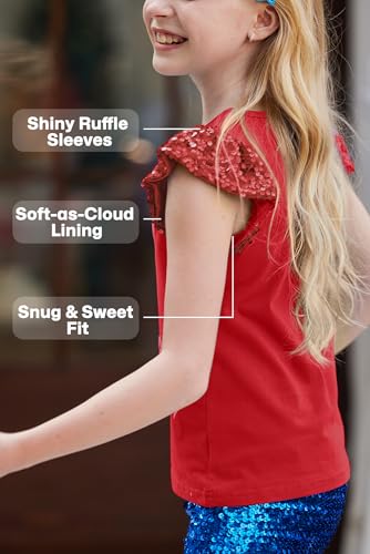 BesserBay Girls 4th of July Sequin Ruffle Short Sleeve Tee Top Flag Red White Blue Shirt 4-12 Years4