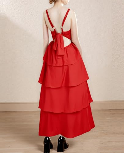 Image of Tiered Ruffle Dress Women Casual Summer Spaghetti Strap Sleeveless Floral Layered Maxi Dress for Women Beach Sundress