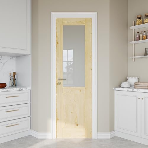 24' x 80' Pine Wood Slab Door, Half Frosted Glass Interior Doors, Single Room Door for Closet & Bedroom, Farmhouse Style as Prehung, Pocket, Bifold, Barn Doors, Easy DIY Stain, Shaker w/o Hardware