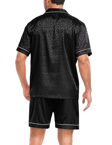 Image of SWOMOG Men Silk Pajama Set Short Sleeve Satin PJs Sets 2 Piece Button Down Sleepwear Soft Summer Loungewear with Pockets