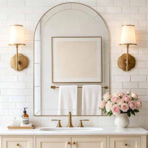 Image of MOON MIRROR Arched Mirror for Bathroom, Bathroom Mirrors for Over Sink, 30x40 inch Brushed Gold Non-Rusting Vanity Mirror in Brass Stainless Steel Metal Frame
