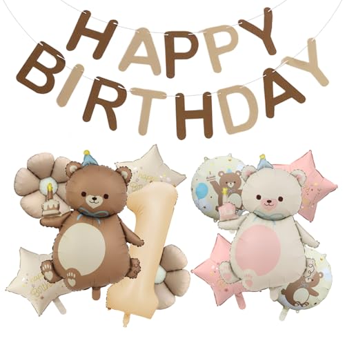 SGSCFG 11 Globos Y 1 Pancarta, Globo De Flores De Película De Aluminio, Globo De Oso De Dibujos Animados, Bandera De Tiros De Letras De Cumpleaños, Decoración De Fiestas.