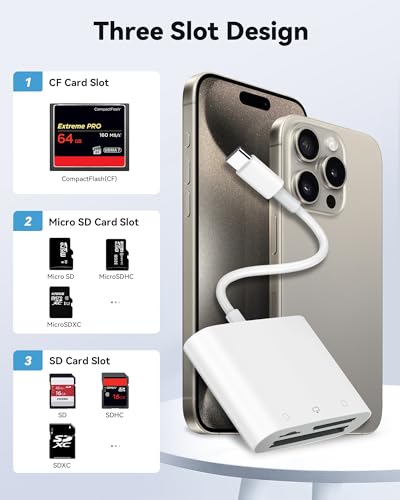 Image of SD Card Reader USB C for iPhone 15 /Android Phone /iPad /Mac /Laptop, Three Card Slot Micro SD Card Reader Supports SD Micro SD CF Card, Digital Camera Viewer Memory Card Reader Plug and Play