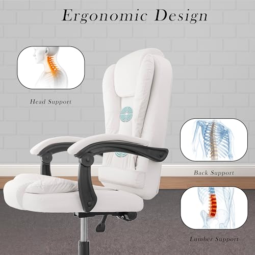 Image of Casa Copenhagen Italia Premium Leatherette Office Chair for Work | Boss Chair, Ergonomic Executive, Luxurious Cushioned Arms & Seat, 2 Point Back Massager, Heavy Duty Metal Base (White)