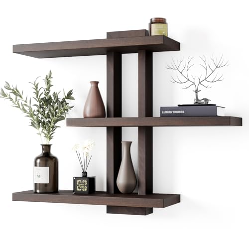 Image of yaqew Variable Wood Floating Shelves Set of 3, Wall Cube Shelves 28.35 inch Max, Wall Shelves for Living Room Bathroom Bedroom - Dark Walnut Color - 28.35 inch x 23 inch x 5.9 inch Max