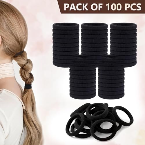 Image of GLUN 2inch Pack of 100 Black Color Ponytail Holders Hair Ties for Girls & Women, Soft Elastic Rubber Bands for Thick Hair, Non-Slip Stretchable Scrunchies for Daily, School & Office Use