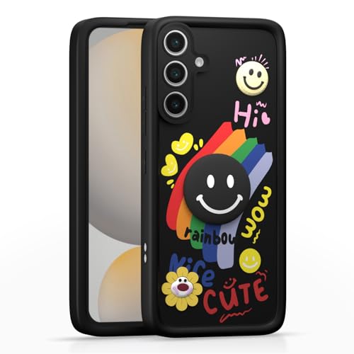 Image of Pikkme Back Cover for Samsung Galaxy S24 FE 5G | Soft Silicone| Cute Rainbow Smile & 3D Cartoon Flower Design | Shockproof Raised Camera Protection Bumper Case (Black)