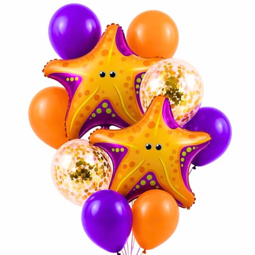 Image of Wanna Party Starfish Underwater Theme Balloon Set of 10 for Birthday Decoration | 2 Starfish Foil Balloons + 3 Purple + 3 Yellow + 2 Gold Confetti Balloons (12 Inch) | Ocean Sea Party Decor Supplies