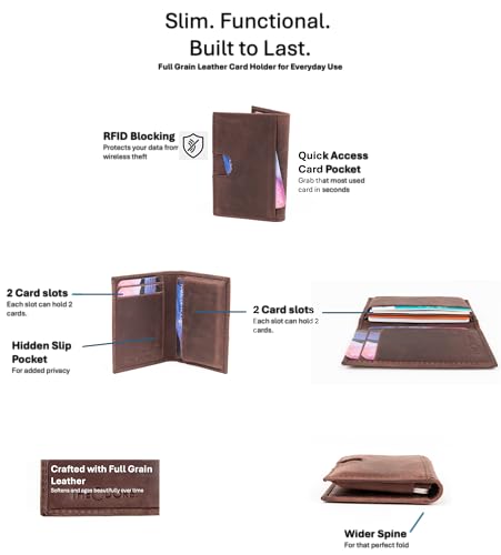 Theodore Slim Leather Card Holder for Men – RFID Blocking Top Grain Leather Wallet – 6 Card Slots, Vertical Minimalist Front Pocket Design – Vintage Brown2