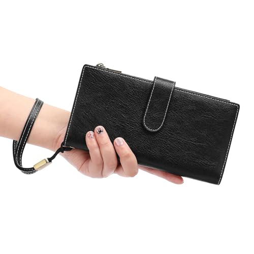 Image of GOIACII Large Wallet for Women Leather Wristlet Black | RFID Blocking, Multi-card Slots, Detachable Wrist Strap, Trifold Clutch Purse