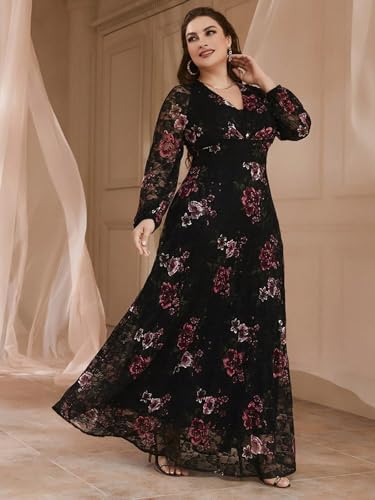 Image of Spring Summer 2024 Plus Size Womens Dresses V Neck Casual Elegant Long Sleeve Floral Print Maxi Dress