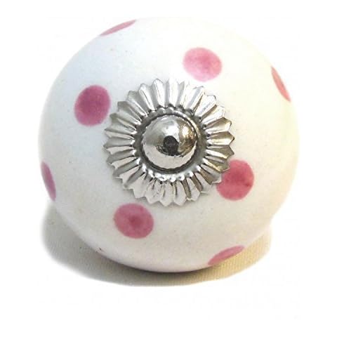 Pushka Home Vintage Chic White Pink Spotted Painted Ceramic Cupboard Door Knob. Sold individually. 40mm white with pink polka dots handle. Suits doors up to 27mm thick. Retro door pull for decorating your furniture Cover