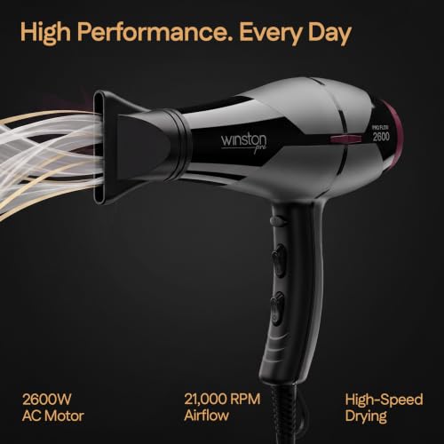 Image of Winston Pro Flow 2600 Watt Professional Hair Dryer with 3 Heat, 2 Speed Settings & 1 Cool Shot Interchangeable Nozzles for Smooth Salon Styling for Men & Women, All Hair Types