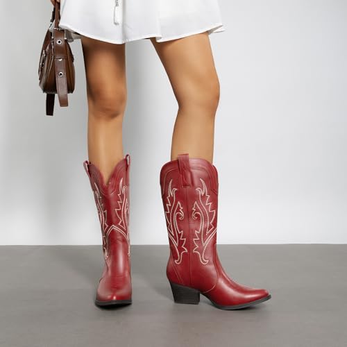 Image of DREAM PAIRS Women's Cowboy Cowgirl Western Boots | Embroidered Pointed Toe Low Heel Western Mid Calf Boots for Theme Party Country Concert