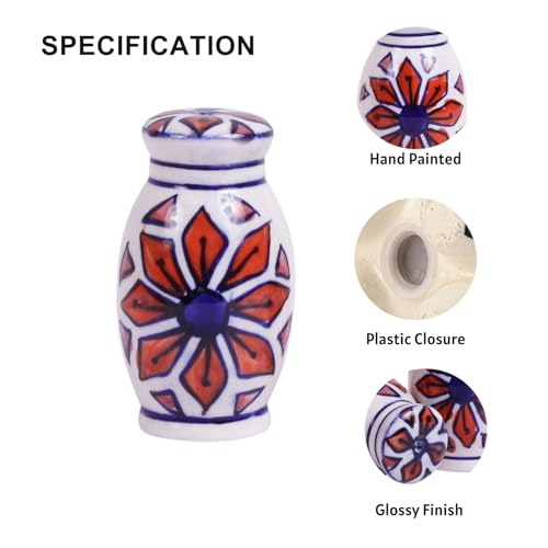Image of VarEesha Hand Painted Orange Flowers on White Ceramic Salt n Pepper Set for Dining Table Used as Namak Dhani, Shaker, Sprinkler for Home, Kitchen and Restaurant