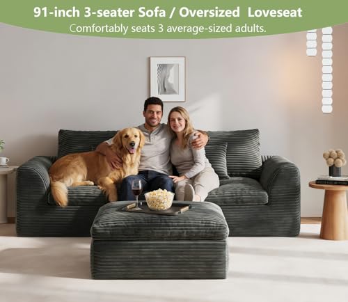 Image of 91″ Boneless Couch 3-Seater Modular Sectional Sofa with Ottoman for Living Room, L-Shape Cloud Couch with Comfy Flannel Fabric, Oversized Loveseat Recliner Lounge Chaise with 2 Throw Pillows (Grey)