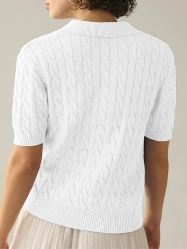 Women's Short Sleeve Pullover Sweaters Casual 2025 Summer Tops Cable Knit Solid Lapel V Neck Sweater3