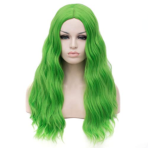 BERON Green Wig Long Wavy Wig Green Wig Center Part Green Wig for Women Girls Long Green Wig Cosplay Costume Wig (Green)