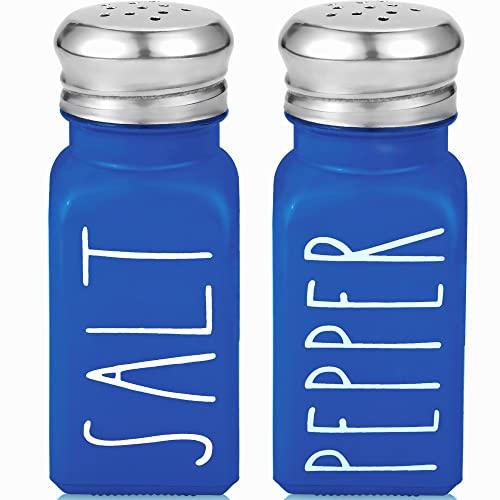 Blue Salt and Pepper Shakers Set by Brighter Barns - Cute Glass Shakers with Stainless Steel Lids - Modern Farmhouse Kitchen Decor and Accessories for Home, Restaurants, Hotel, Vacation Rental (Blue)