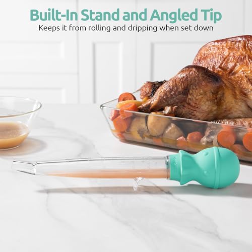 Image of U-Taste 1.5oz Angled Turkey Baster - 228.2℉ Heat Resistant Food Grade Tritan and Silicone Large Octopus Bulb Baster Set with Cleaning Brush for Cooking Basting Meat Poultry Beef Chicken (Aqua Sky)