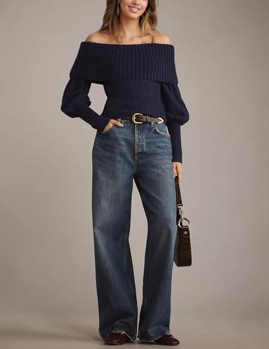 Womens Off The Shoulder Sweater Knitted Pullover Long Sleeve - Soft Top for Date Night Outfits3