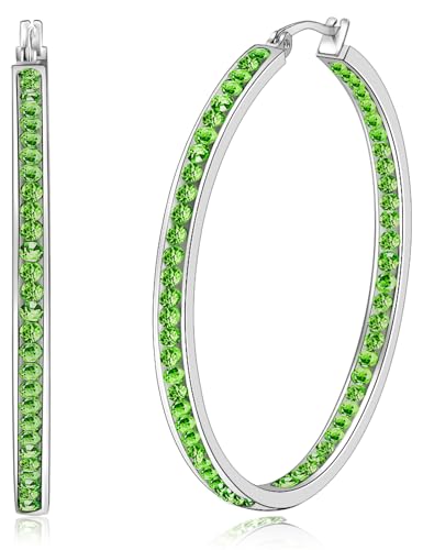 Light Lime Green Hoop Earrings, Peridot Earrings ARSKRO 2 Inch 50mm Big Large Hypoallergenic Stainless Steel Crystal Rhinestone Trendy Fashion Jewelry Gifts for Women Ladies Sensitive Ears, Cubic