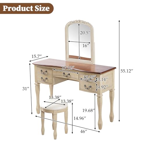Image of JIVOIT 46 inch Vintage Makeup Vanity Table with Leather Stool, Vanity Desk with Curved Flower Frame Mirror, Dressing Table with 5 Drawers and Antique Handles, Easy Assembly