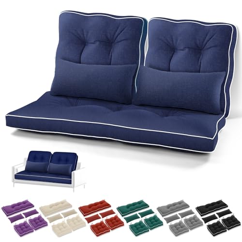 Chunful Set of 5 Outdoor Bench Cushions Set 44 x 19 Inch Tufted Waterproof Patio Furniture Seat Pad with Throw Pillows Loveseat Cushion for Square Settee Indoor Sofa Wicker Couch(Navy Blue)