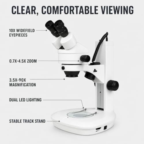 Image of VS-2EZ Binocular Zoom Stereo Microscope, 10x Widefield Eyepiece, 0.7X-4.5X Zoom Range, 3.5X-90x Magnification Range, 0.5X & 2X Auxiliary Lens, LED Illumination, Track Stand