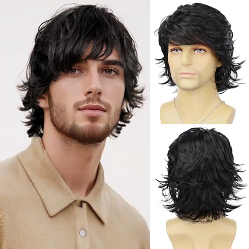 Tereshar Mens Black Wig Short Layered Natural Wavy Synthetic Heat Resistant Hair Wigs Male Guy Daily Party Halloween Costume Cosplay Wigs (Black)