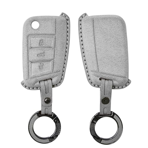 Image of KMH Alcantara Car Key Cover Compatible with Volkswagen Polo Vento Jetta Ameo Passat and Skoda Rapid Laura Superb Octavia Fabia Yeti 3 Button Shell Case Keycover with Keychain (D1) Grey - Pack of 2