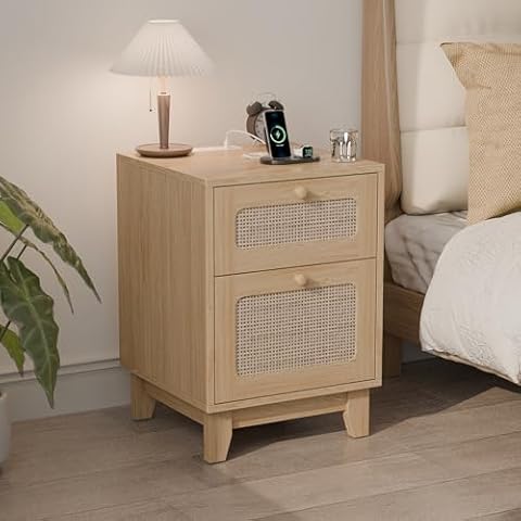 Modern Rattan Nightstand, Wicker Rattan Stand with Drawer and Charge Station, Wooden Bedside Table for Small Spaces, Natural Wood Side Table for Bedroom (with Charging Station, 1) Cover