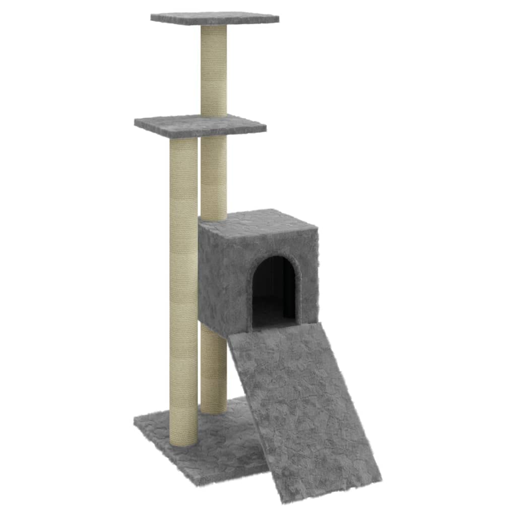 Rascador de 92 cm con pilares rascadores de sisal y casa para gatos, color gris claro | Árbol de escalada compacto para el salón con cueva de peluche, rampa de escalada y plataforma de observación para gatos.