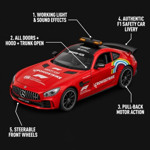Image of Mercedes AMG GT F1 Safety Car 1:24 Scale Die Cast Metal Car - Pull Back Sports Coupe in Red with Openable Doors & Hood, Light & Sound, Steerable Wheels, Showpiece for Kids