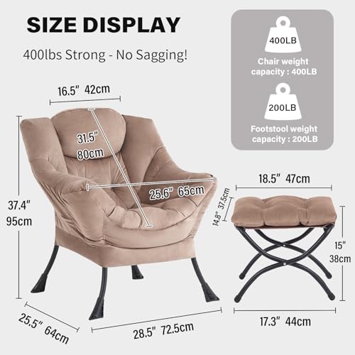 Image of Tiita Lazy Chair with Ottoman, Khaki Modern Large Accent Chair, Comfy Leisure Sofa Armchair with Ottoman, Reading Chair with Footrest for Bedroom, Living Room, Dorm Rooms, Velvet Khaki