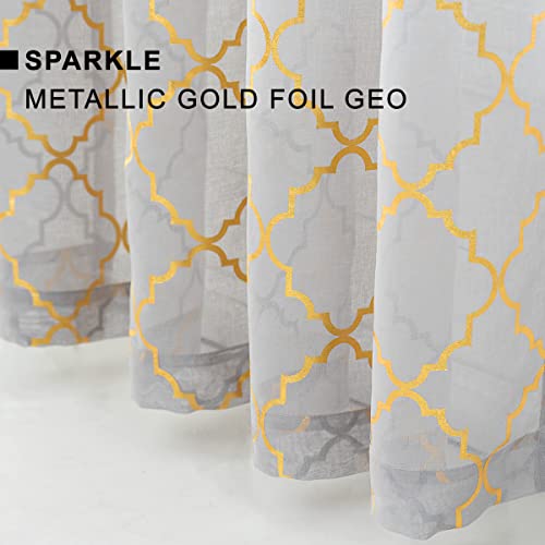 Kotile Moroccan Trellis Curtains For Bedroom - Grey Sheer Grommet Curtains Printed Gold Foil Lattice Curtains 63 Inch Length Moroccan Tile Window Curtains Short, 52 X 63 Inch, 2 Panels, Gray Gold #TOP4