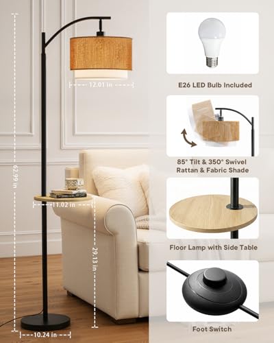 Image of PESRAE Rattan Floor Lamp for Living Room, Farmhouse Arc Standing Lamp | Side Table with lamp, 3 Color Temperatures, Rattan & Fabric Lamp Shades, Boho Standing Lamp for Living Room, Bedroom Corner