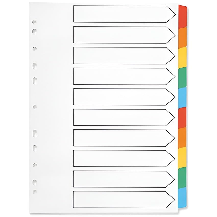Indigo® A4 File Dividers – 10 Part Index with Multicolour Tabs, White Card, Mylar-Reinforced, Multipunched – Pack of 25 for Binders & Filing